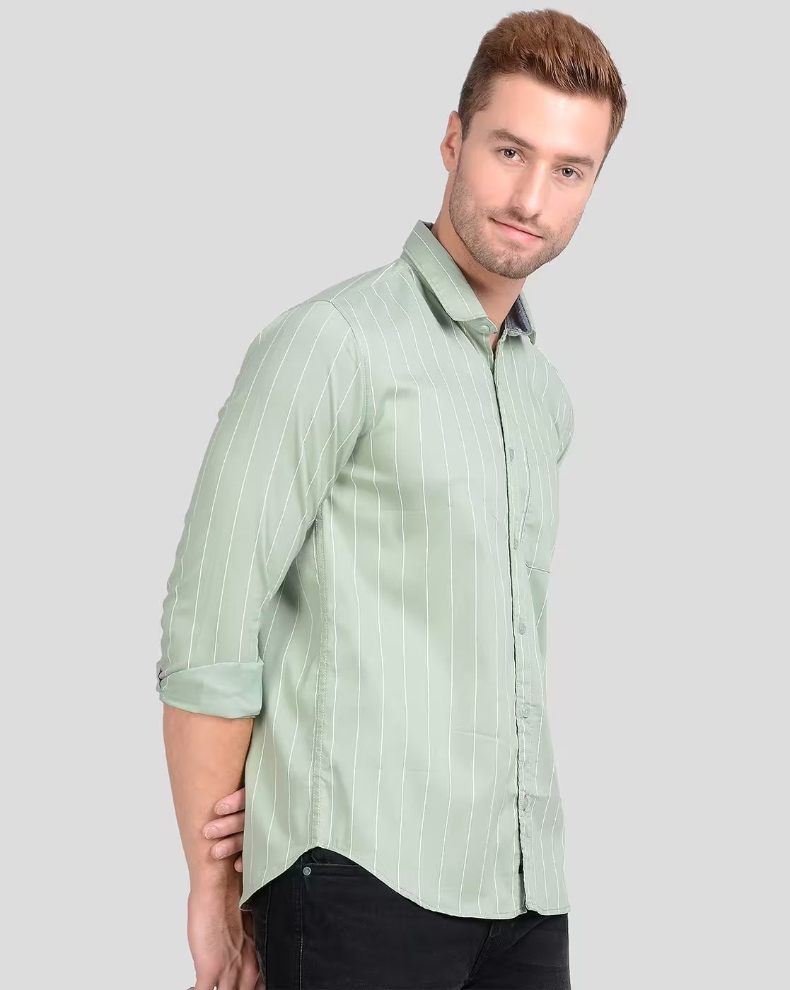 Premium Oxford Cotton - Casual Wear Green And White Vertical Stripes Shirt (SF)