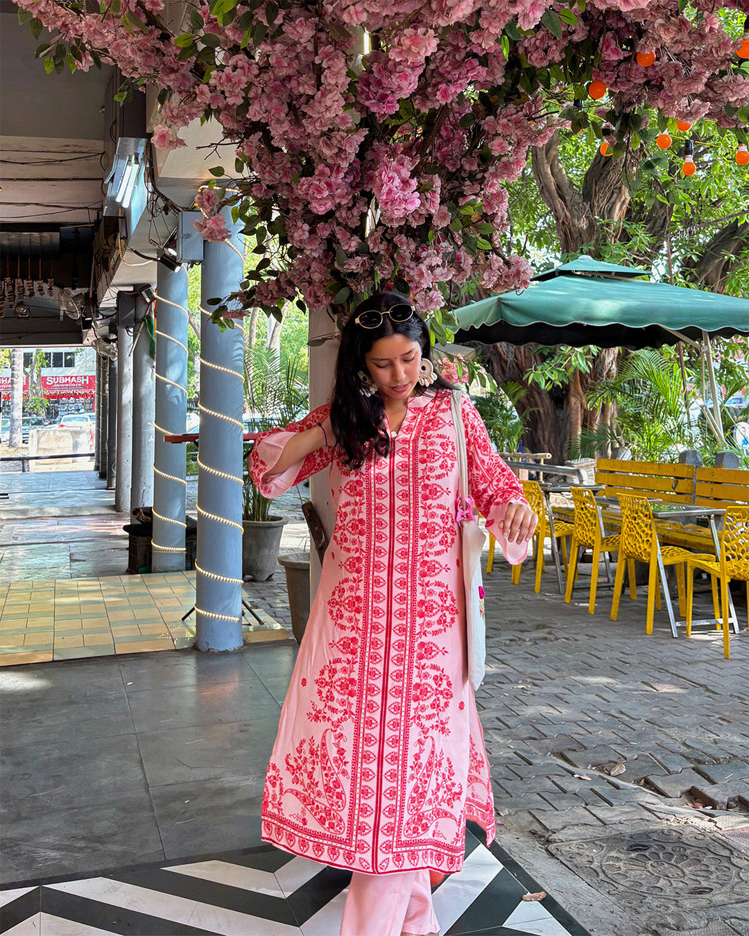 floral pink printed design kurta set