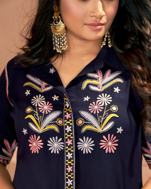 navy blue embroidered co-ord set for women