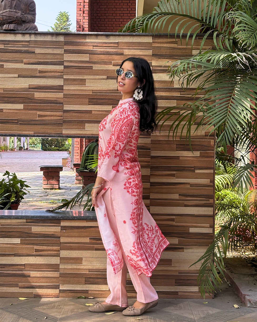 floral pink printed design kurta set