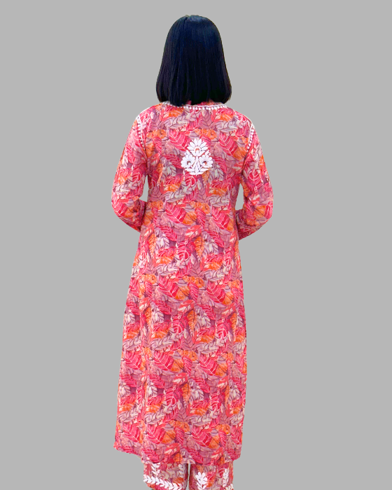 Coral Pink Cotton Chikankari Kurta Set For Women - 2 Piece