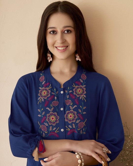 Navy blue Mandarin Collar Tunic Top