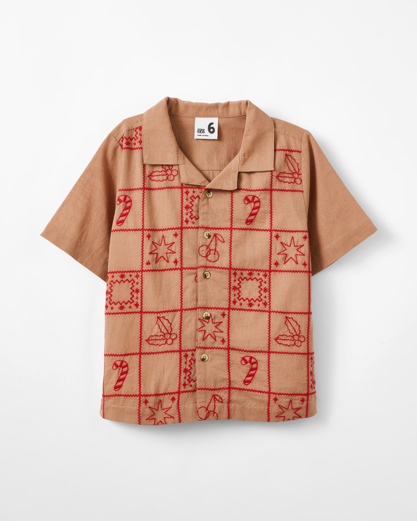 Brown Short Sleeves Shirt With Red Thread Design For Boys