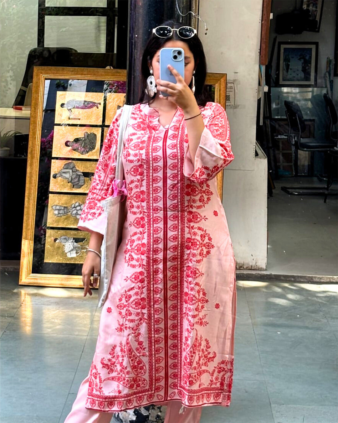 floral pink printed design kurta set