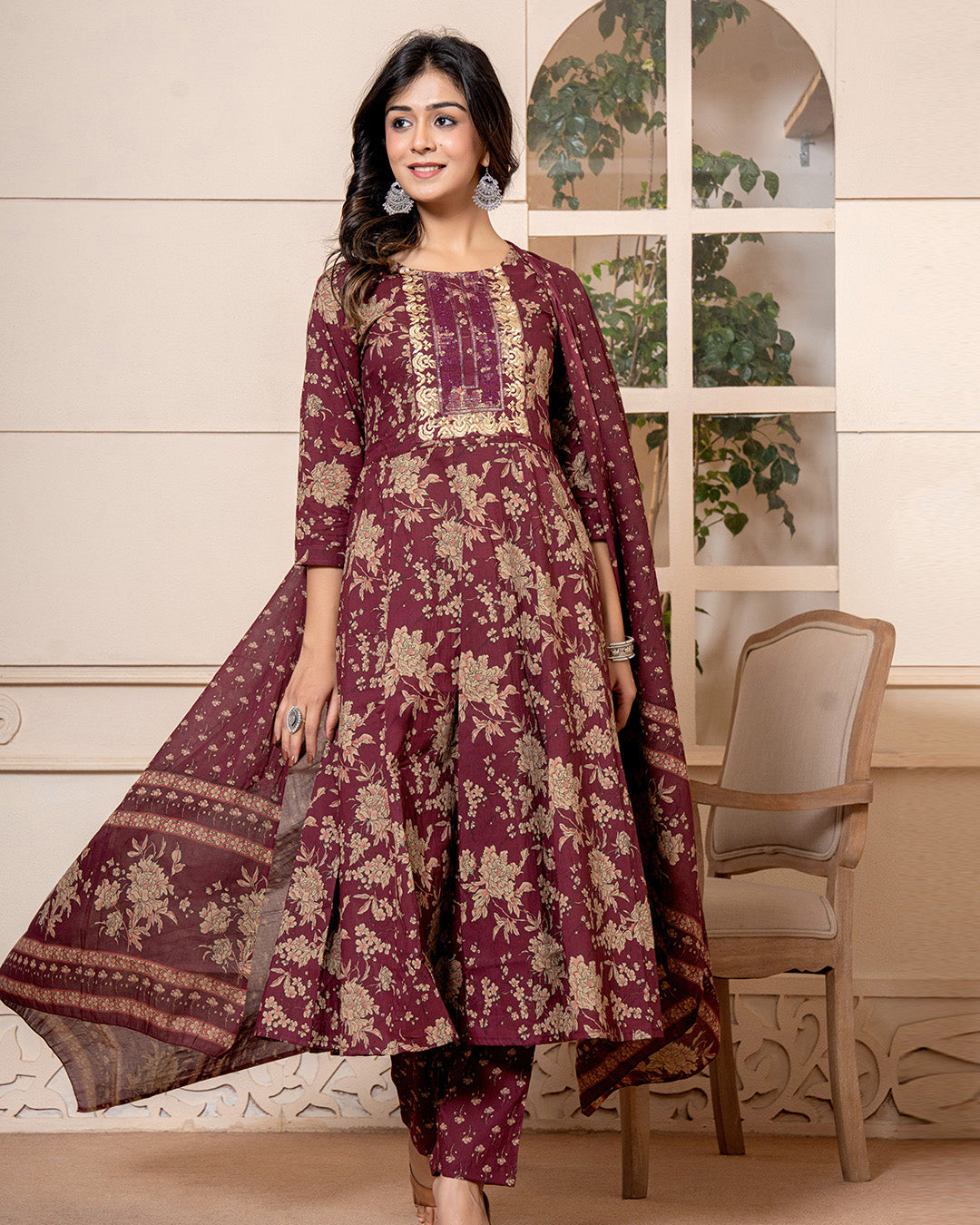 Burgundy Anarkali 3 Pcs suit With Matching Sequence Embroidery