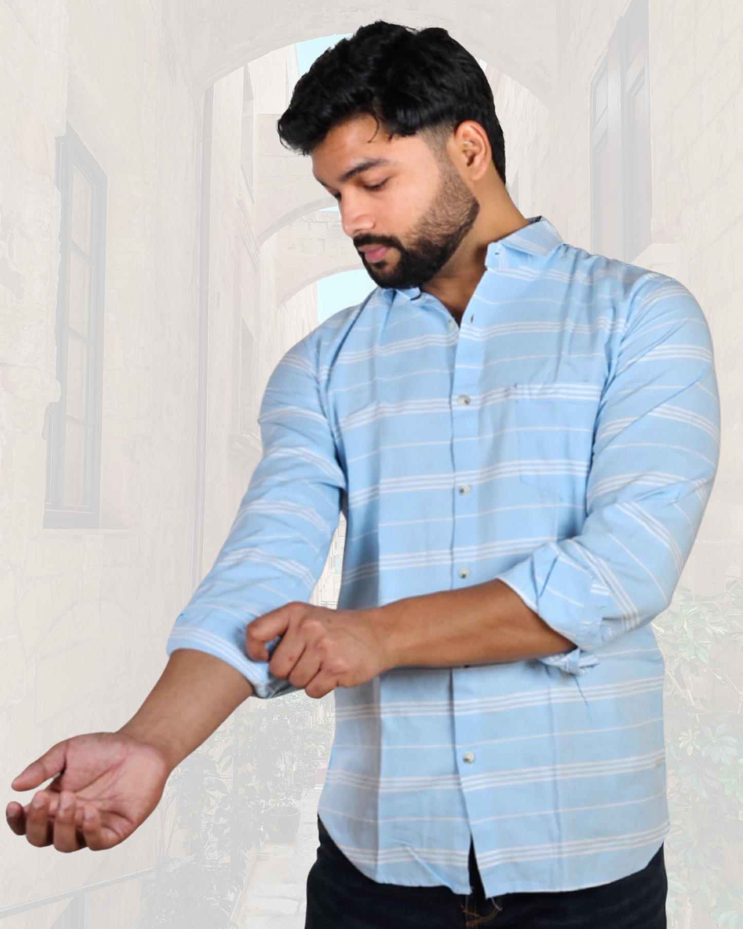 Casual Oxford Cotton White Stripes on Blue Shirt (SF)