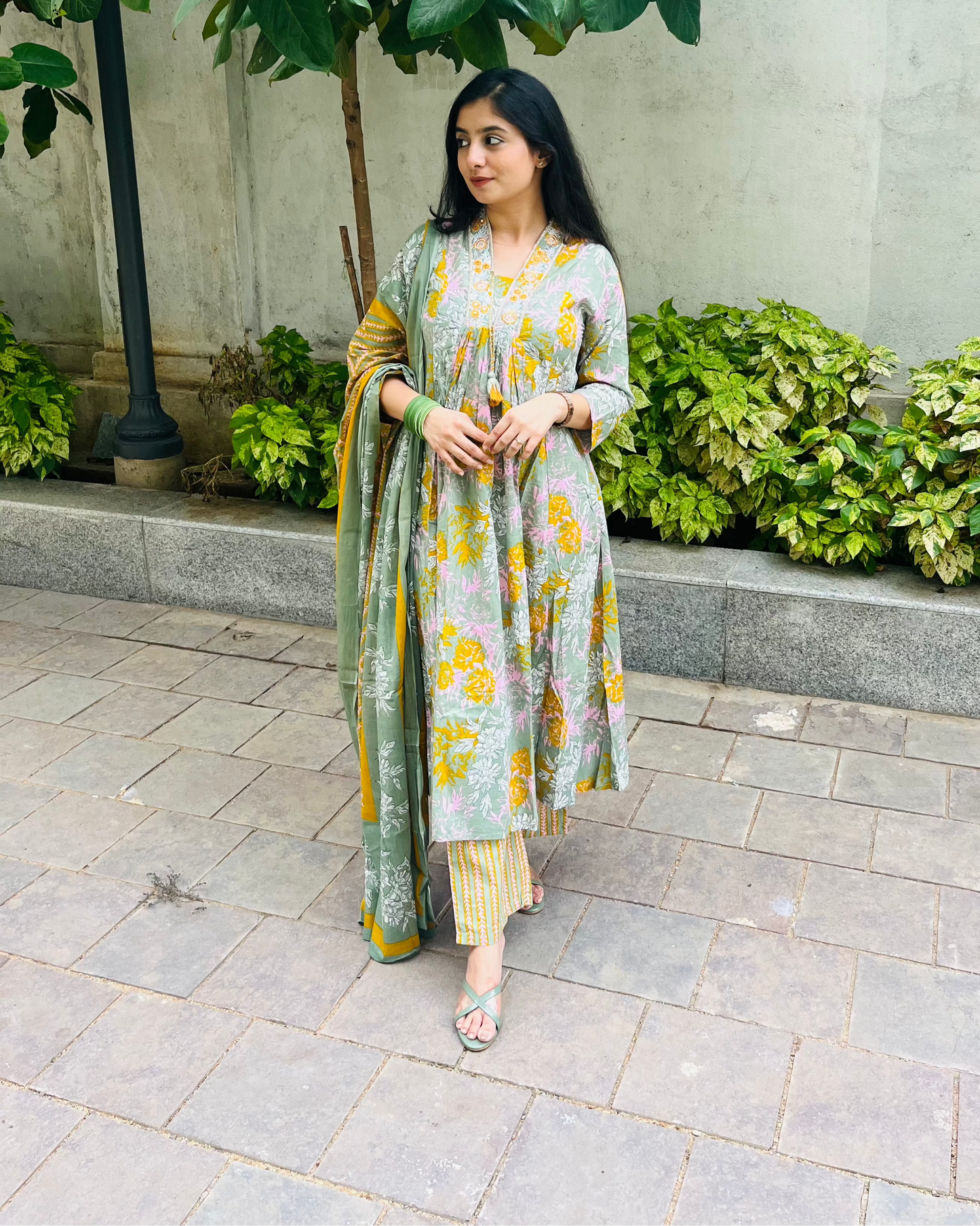 Muted Green Alia Embroidery A Line Flare Kurti Set