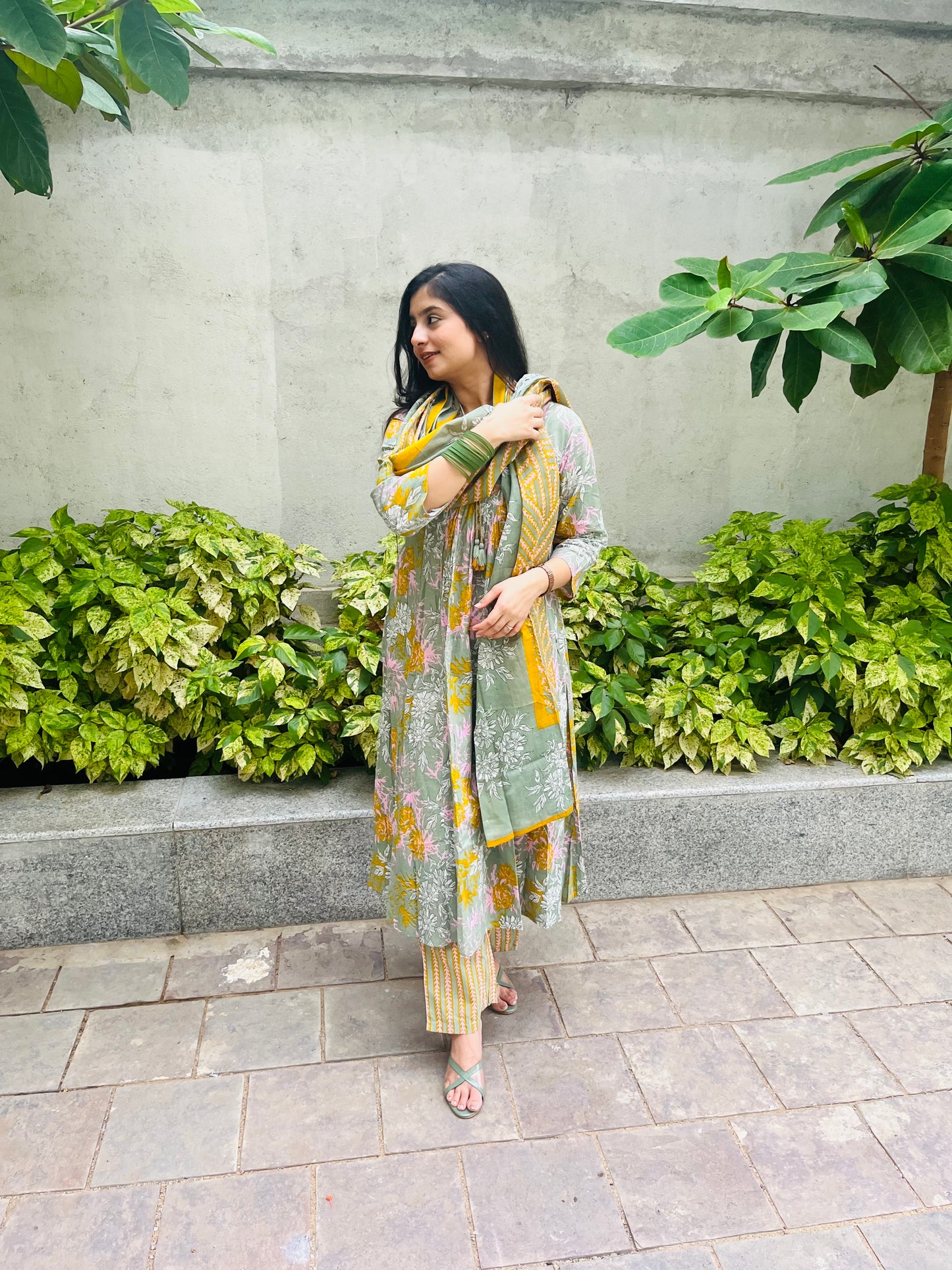 Muted Green Alia Embroidery A Line Flare Kurti Set