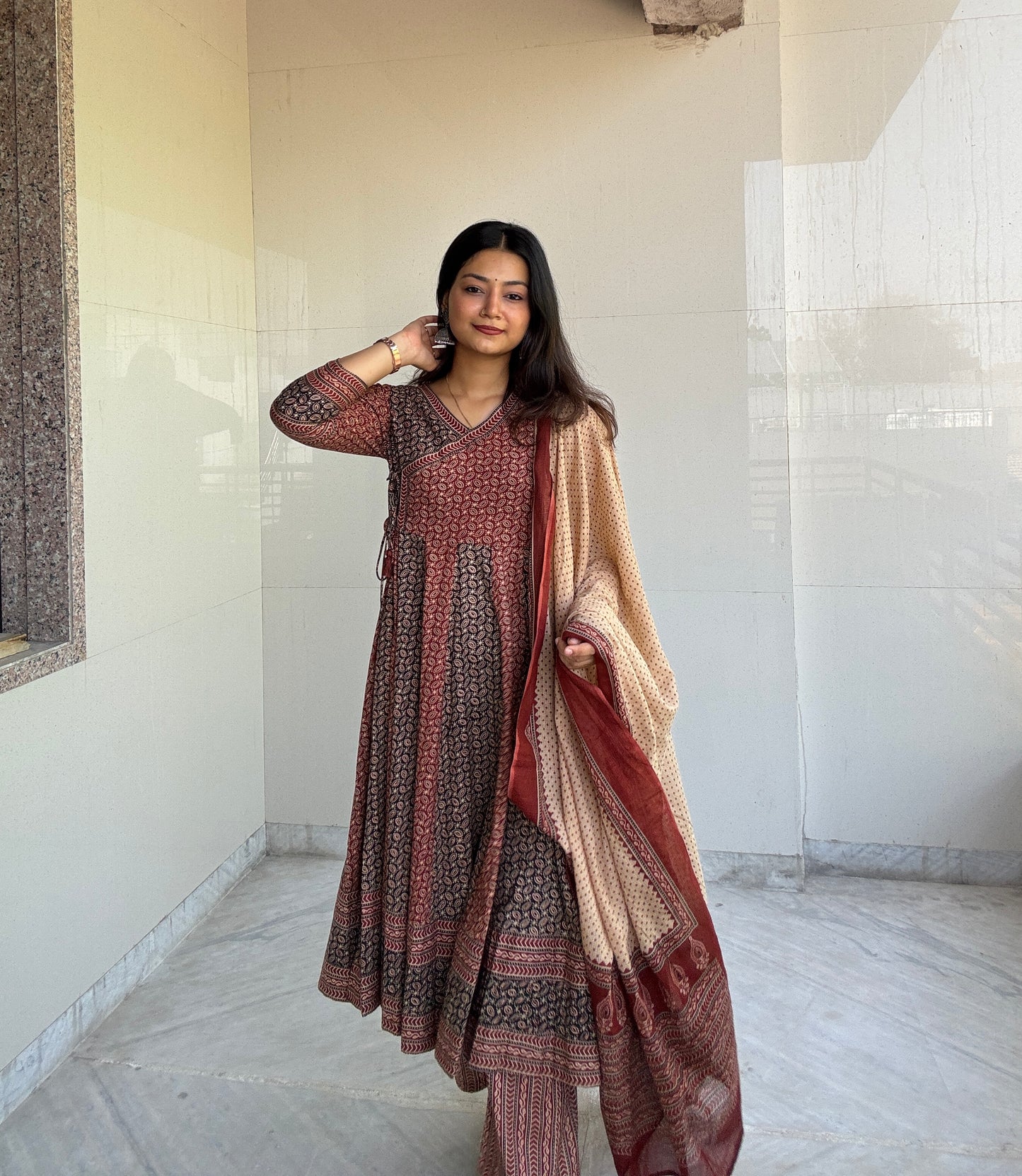 Rust Bugru Print 3 Pcs Anarkali Kurta Set