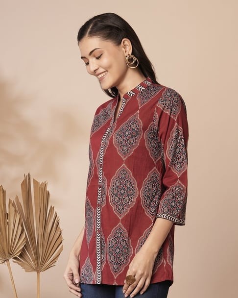 Red Buta Print Front Open Kurti