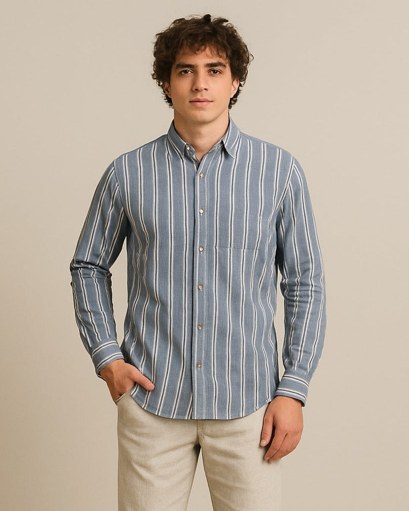 Premium Oxford Cotton - Grey Vertical Stripes Casual Shirt (SF)