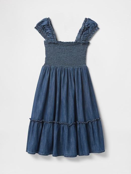 kid's Blue Denim Sleeve Less Tiered Dress