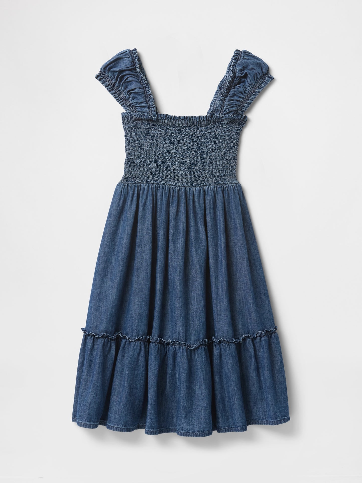 kid's Blue Denim Sleeve Less Tiered Dress