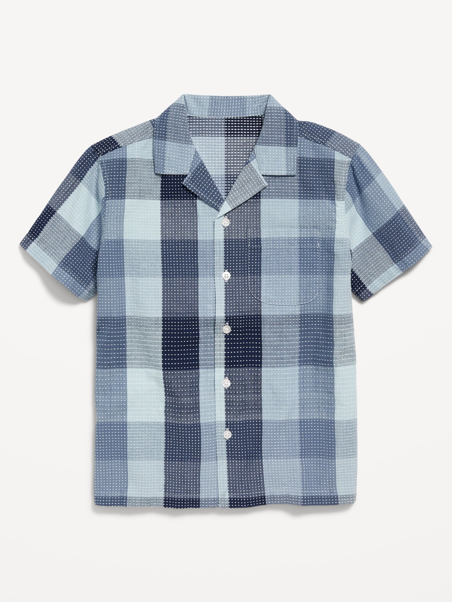 Blue Paid Short-Sleeve Textured-Dobby Pocket Shirt for Boys