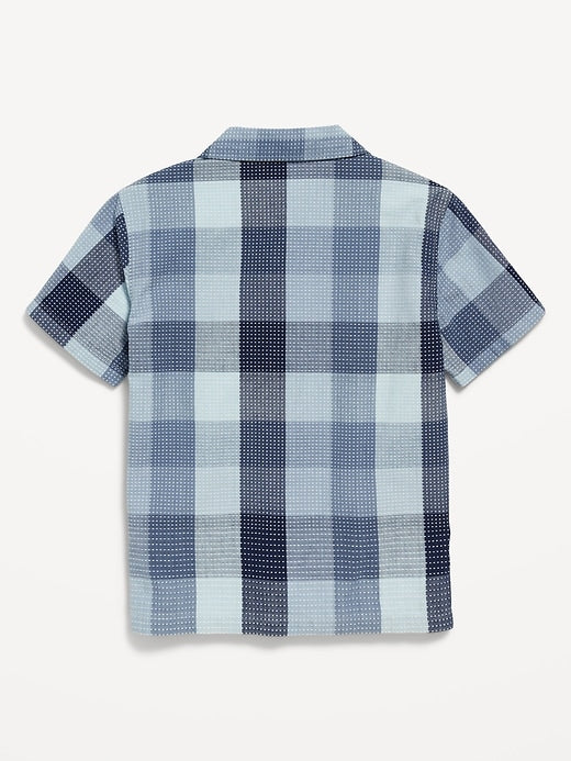 Blue Paid Short-Sleeve Textured-Dobby Pocket Shirt for Boys