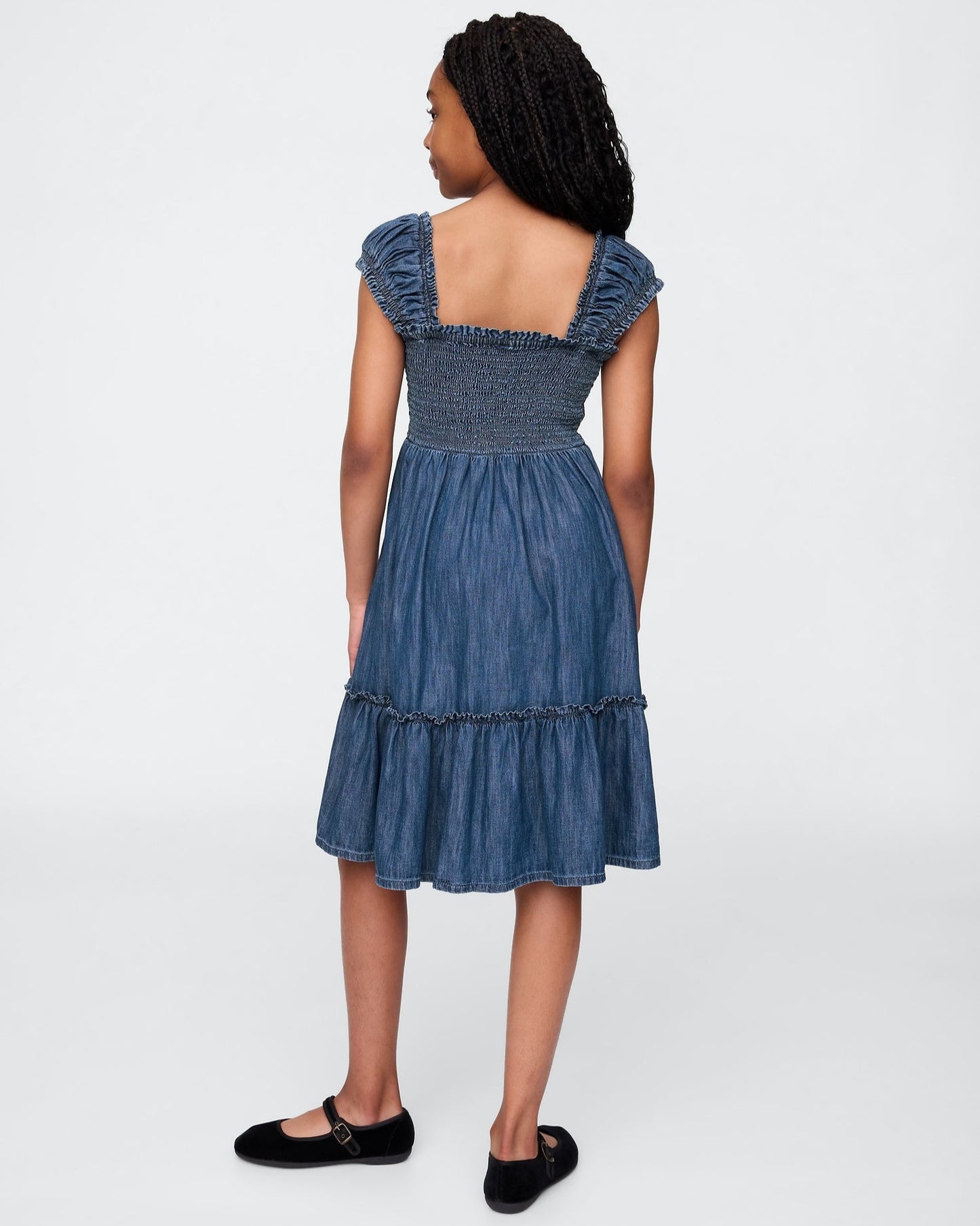 kid's Blue Denim Sleeve Less Tiered Dress
