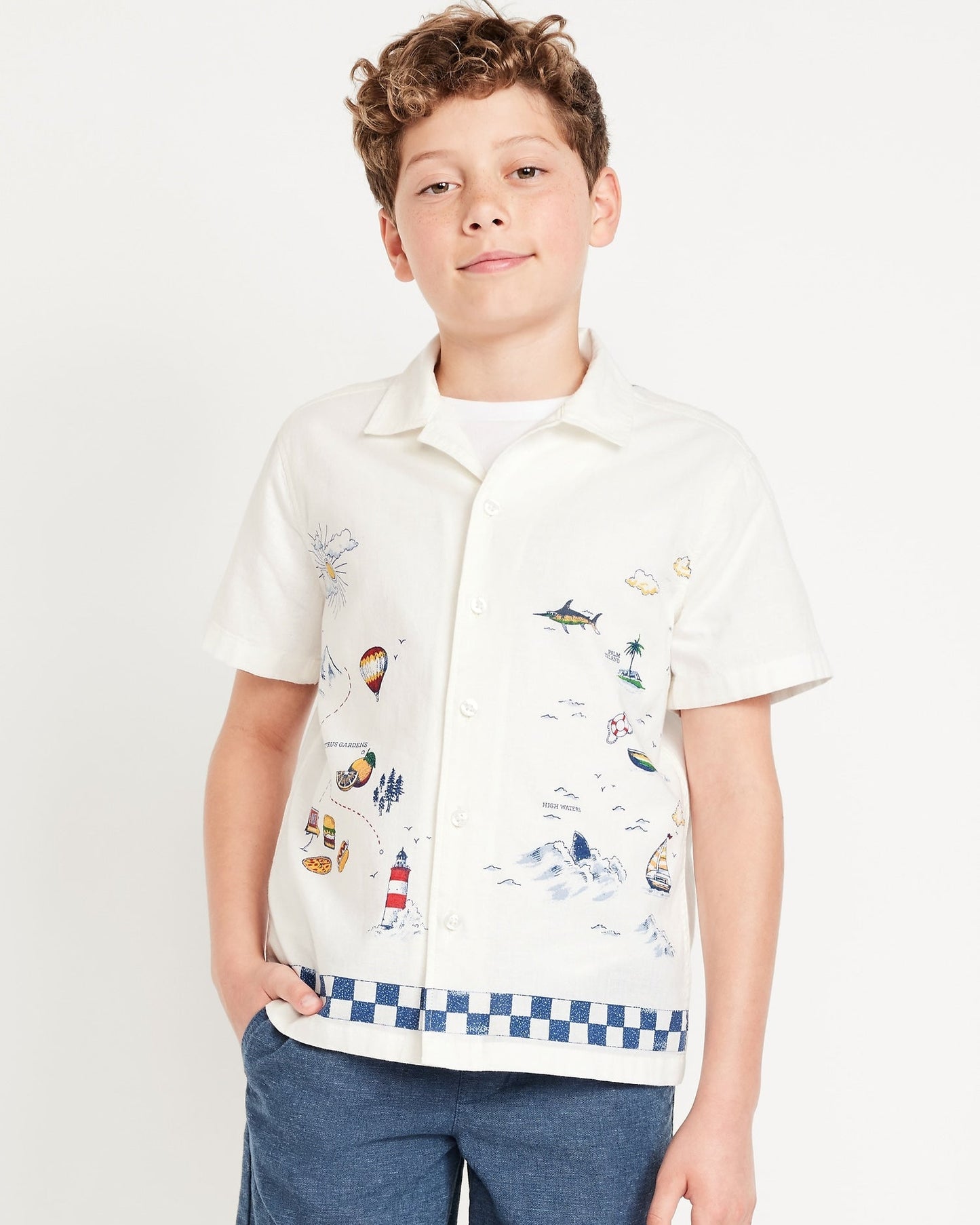 White Printed Short-Sleeve Linen-Blend Shirt for Boys