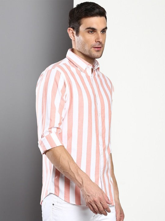 Premium Oxford Cotton Peach Stripes Casual Shirt (SF)