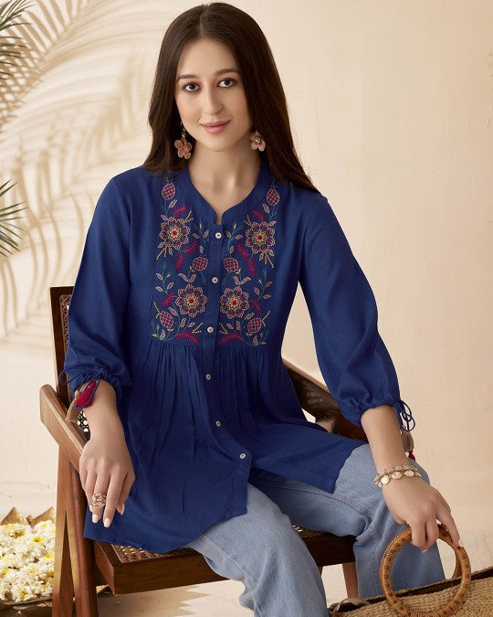 Navy blue Mandarin Collar Tunic Top