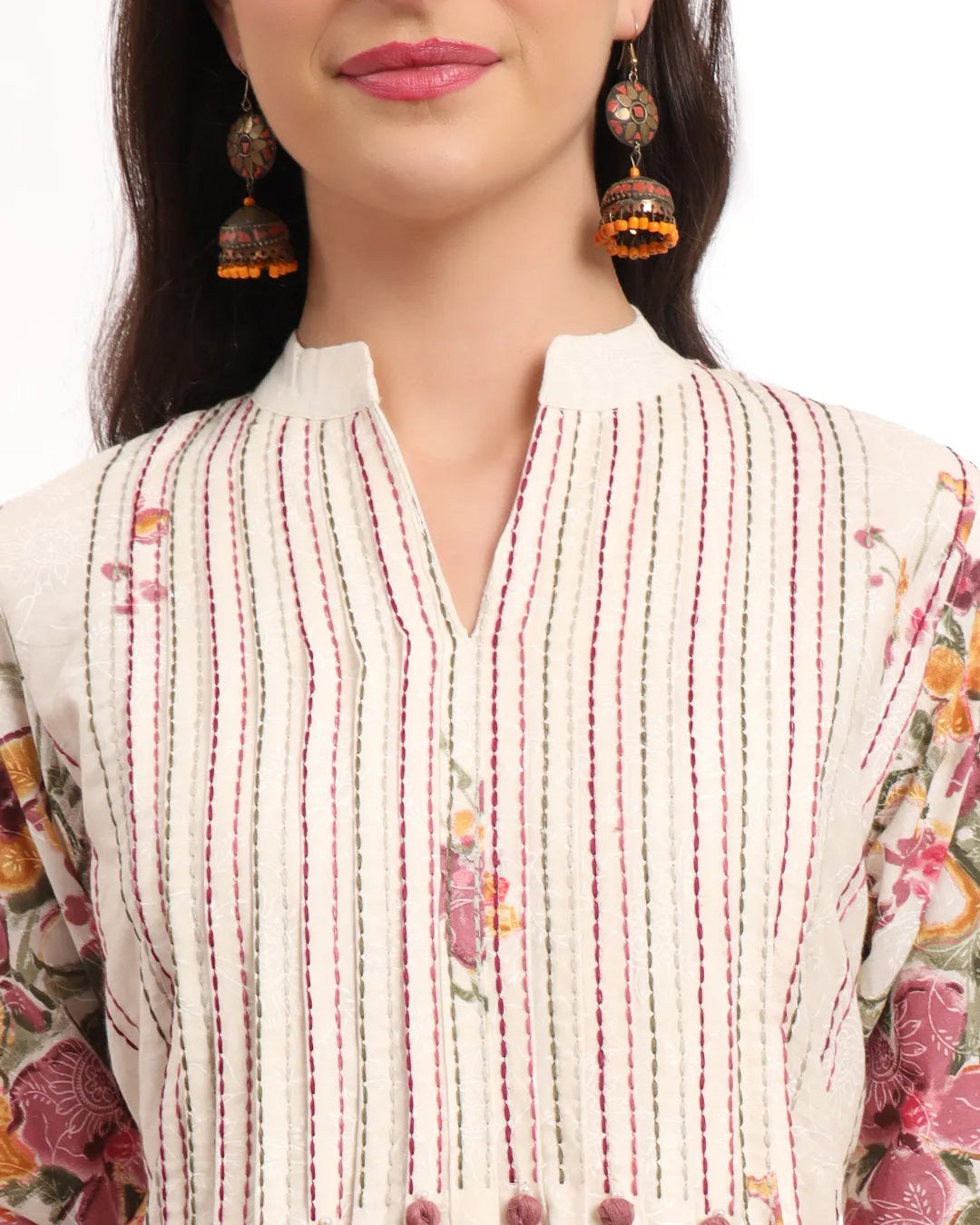 Blue Fusion With White-Tassel Work Malchanderi 3 Pcs Kurta Set