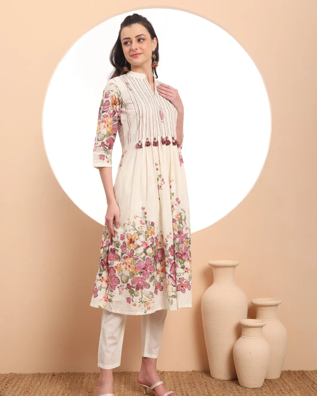Blue Fusion With White-Tassel Work Malchanderi 3 Pcs Kurta Set