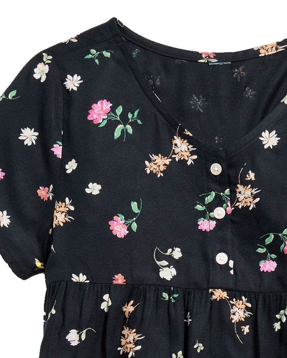 Black Loose Short Sleeve Crepe Dress For Girls