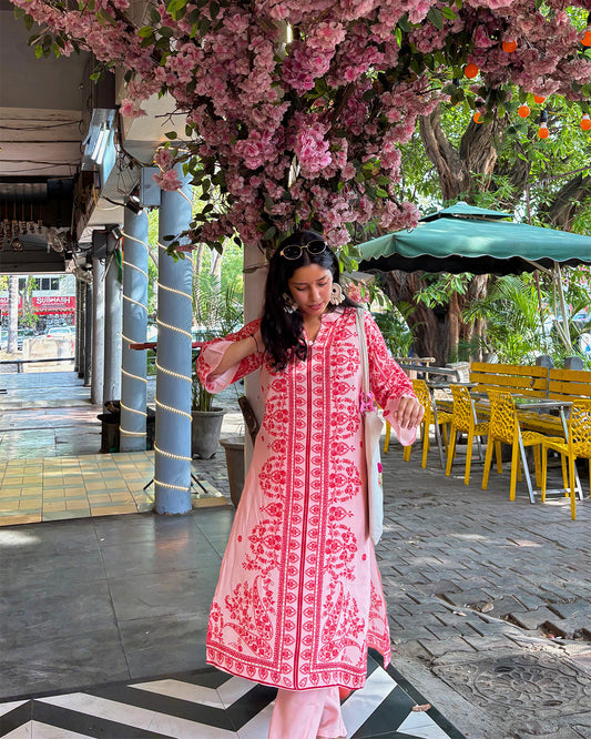 floral pink printed design kurta set