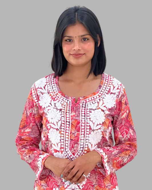 Coral Pink Cotton Chikankari Kurta Set For Women - 2 Piece