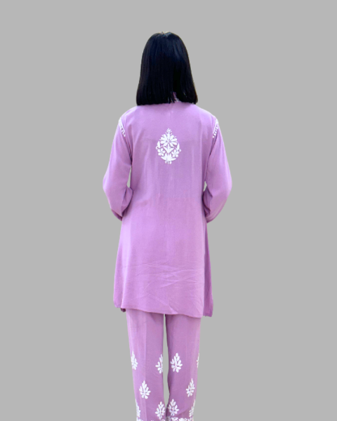 Lavender Floral Chikankari Long Kurta Set for women_trooking fashions
