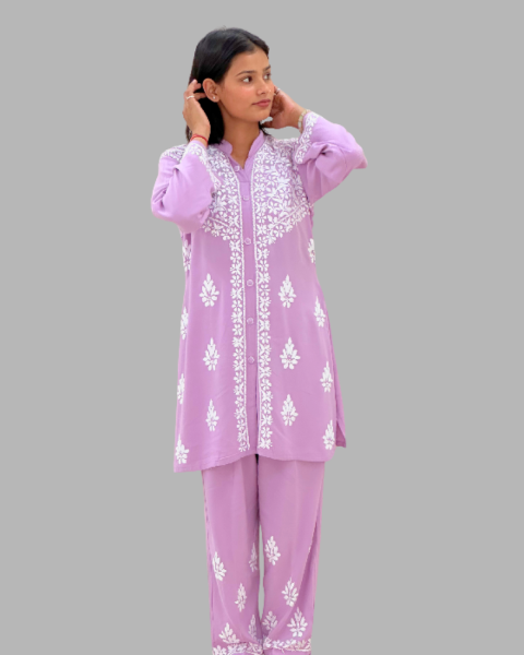 Lavender Floral Chikankari Long Kurta Set for women_trooking fashions
