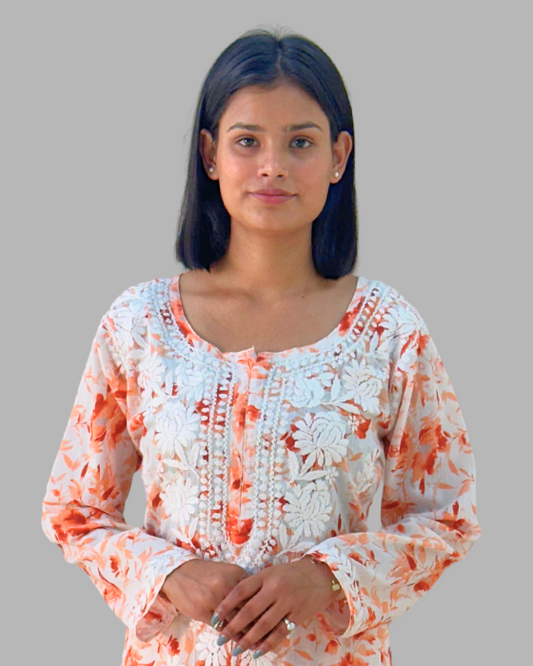 Orange Printed Chikankari Kurta Set Trooking