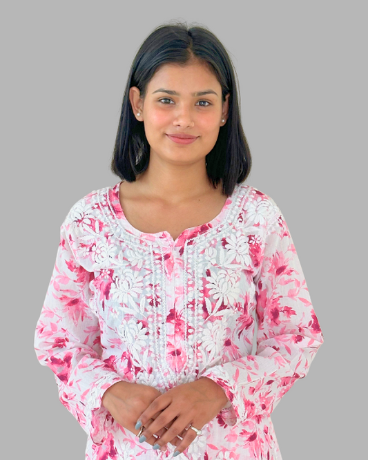 pink floral chikankari long kurta trooking