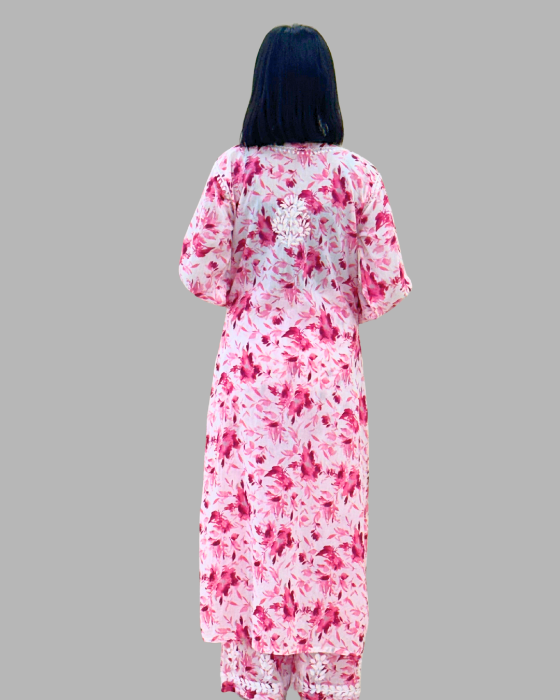 pink floral chikankari long kurta trooking