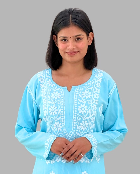 sky blue chikankari long kurta set for women