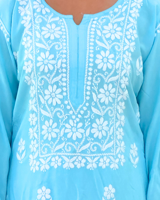 sky blue chikankari long kurta set for women