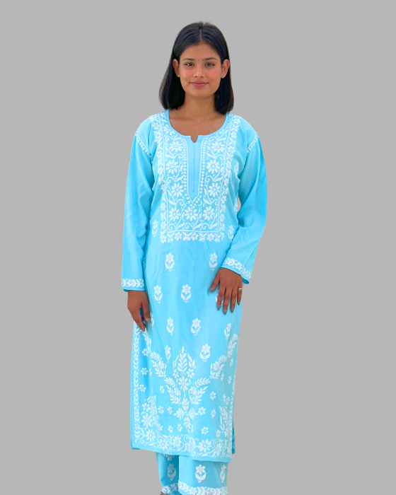 sky blue chikankari long kurta set for women