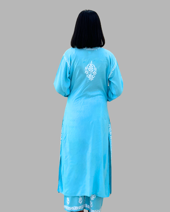 sky blue chikankari long kurta set for women