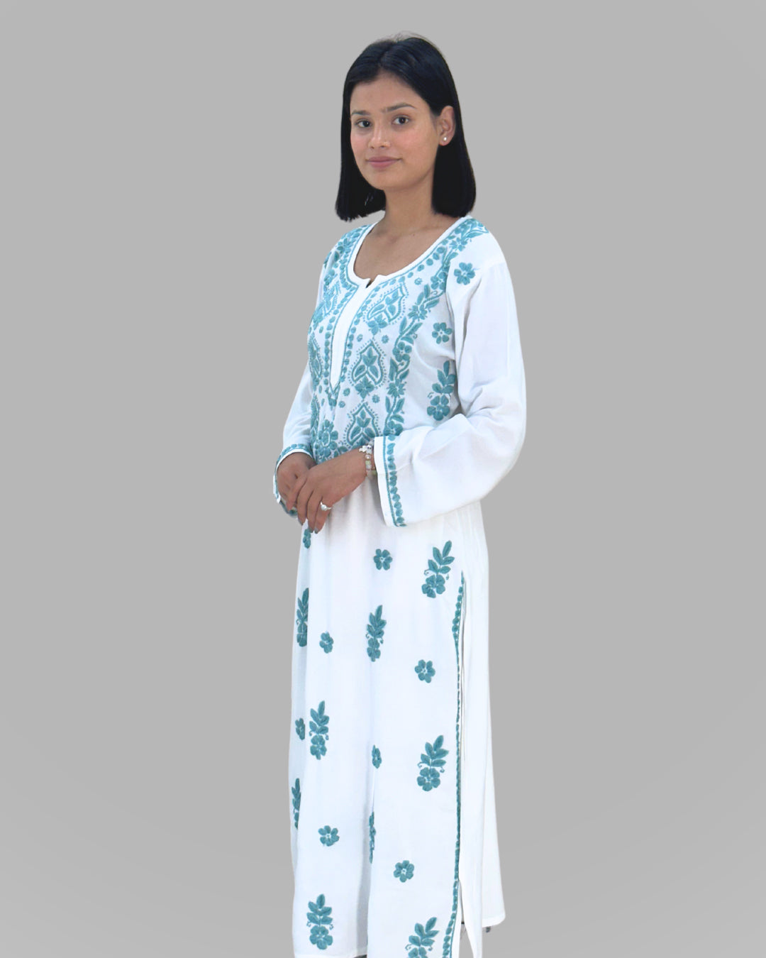 Trooking white & sky blue floral embroidered chikankari kurta set for women