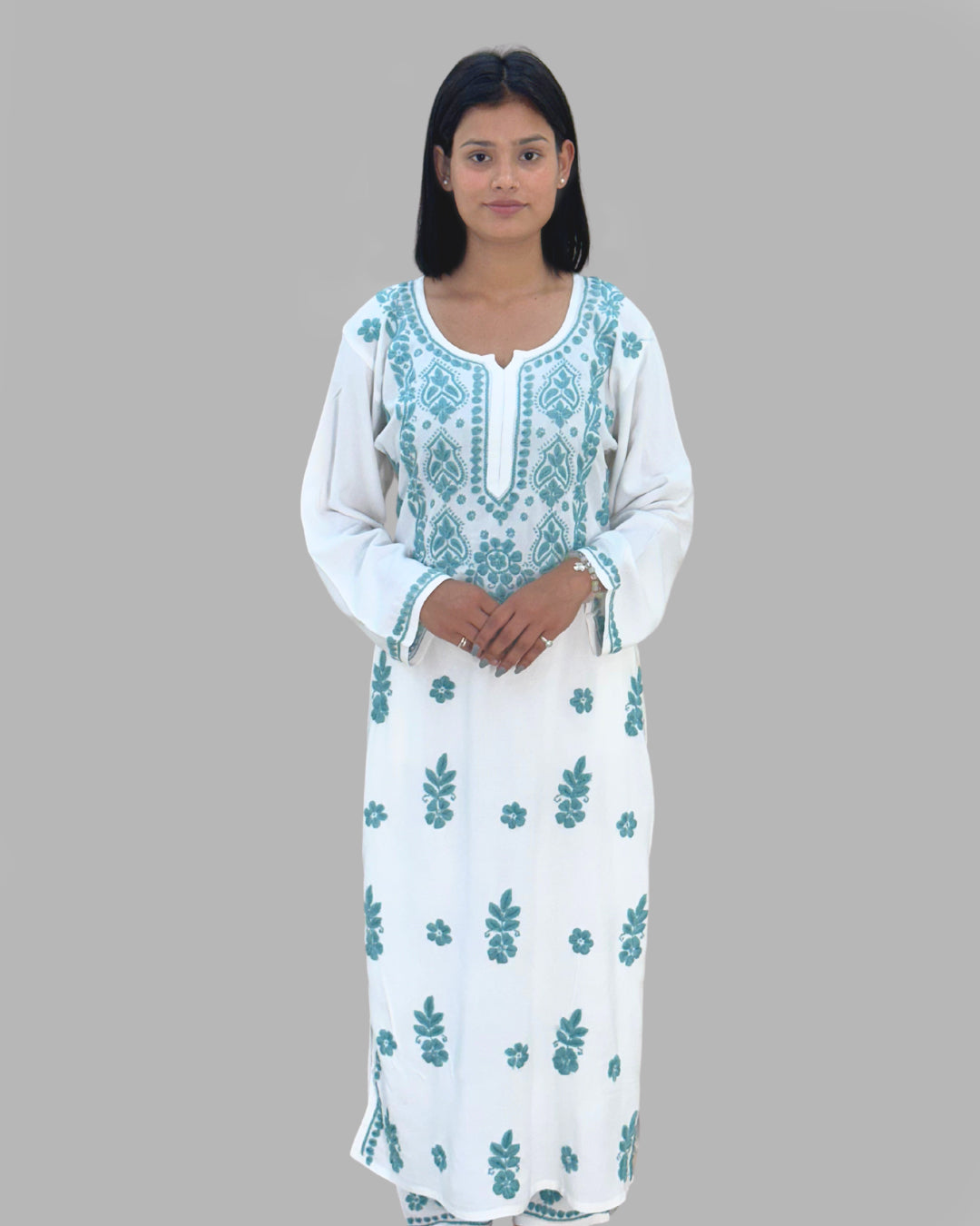 Trooking white & sky blue floral embroidered chikankari kurta set for women