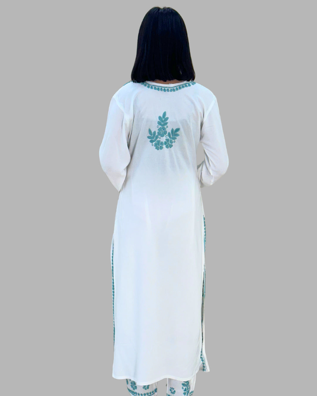 Trooking white & sky blue floral embroidered chikankari kurta set for women