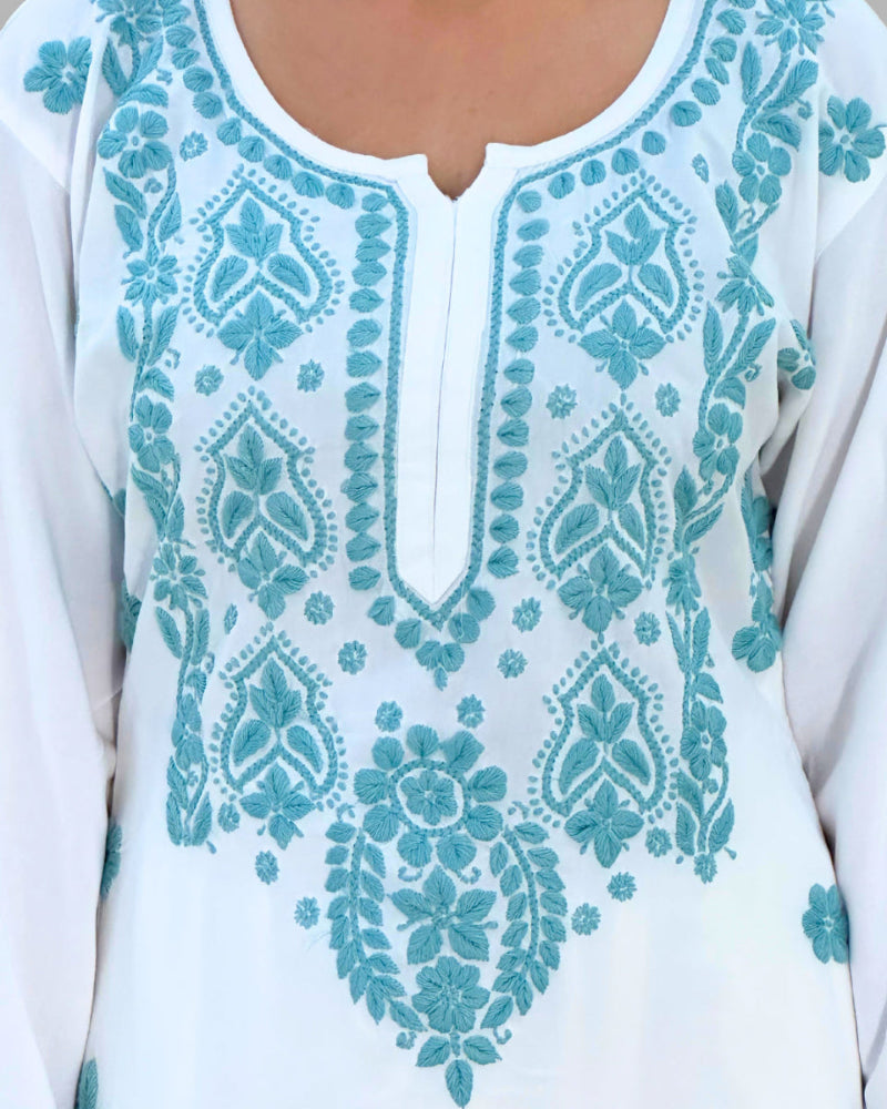 Trooking white & sky blue floral embroidered chikankari kurta set for women