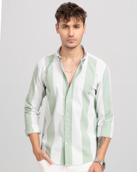 Premium Oxford Cotton Green Stripes Casual Shirt (SF)