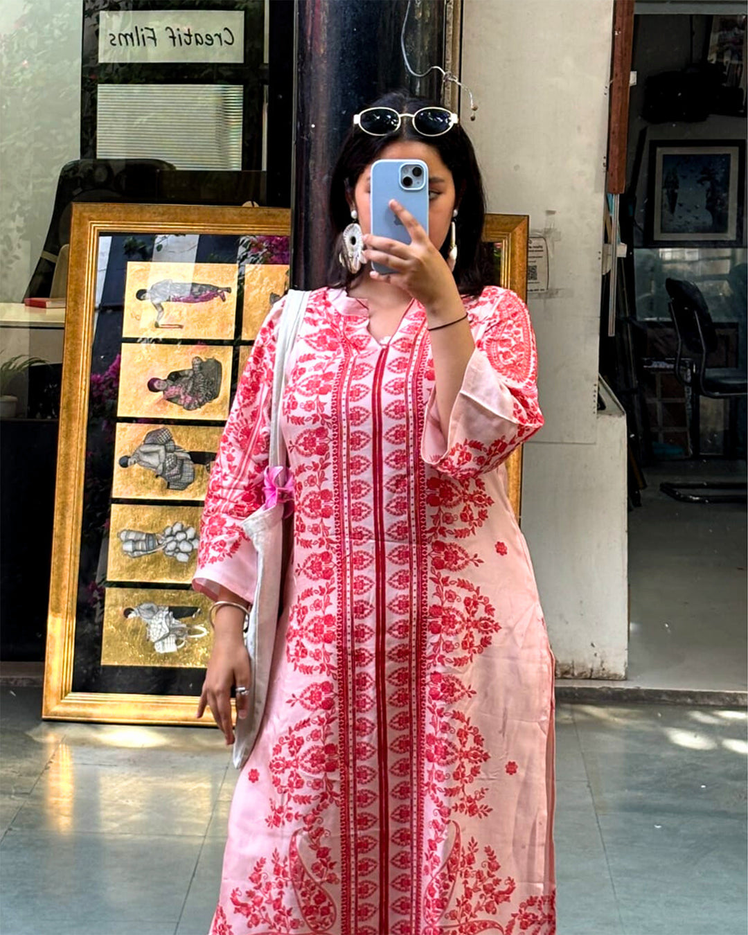 floral pink printed design kurta set