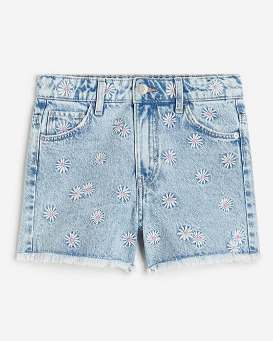Light Blue Full Embroidered Hot Shorts For Girls