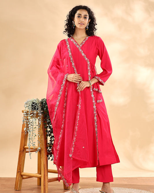 Hot Pink Angrakha Plain Kurta Set