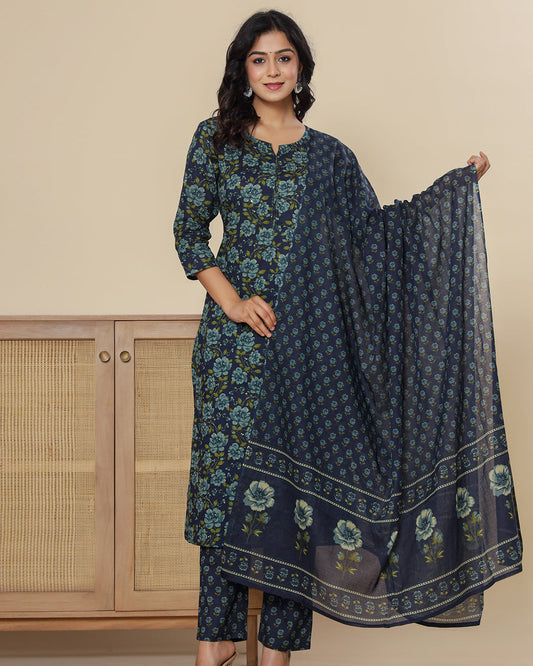Blue Digital Print Cotton 3 Pcs Suit