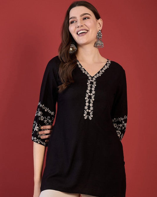 Black V Neck Embroidered Tunic Top