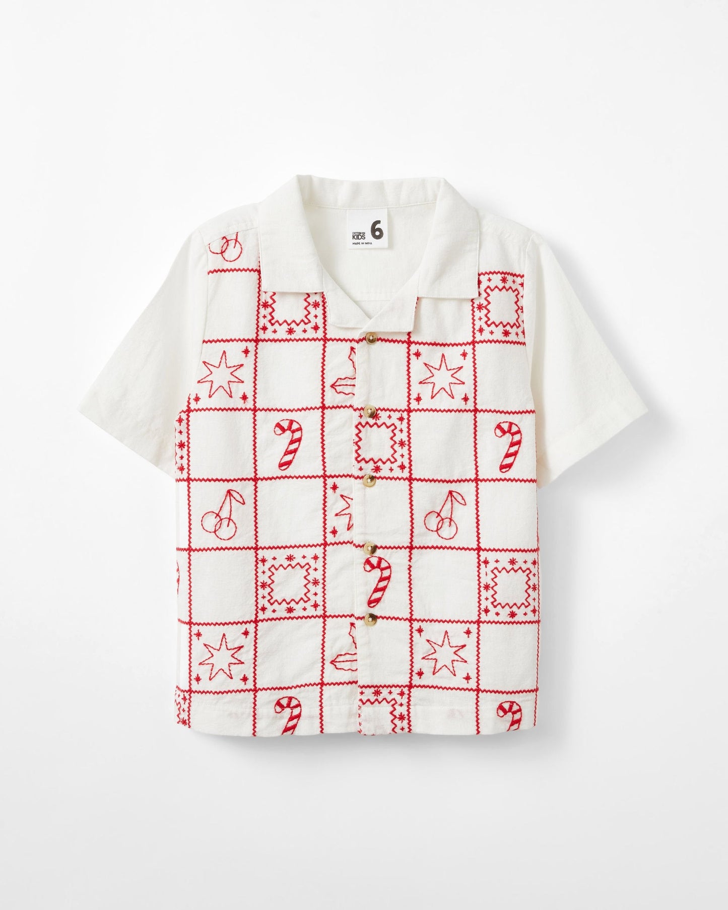 White Short Sleeves Shirt With Red Thread Design For Boys