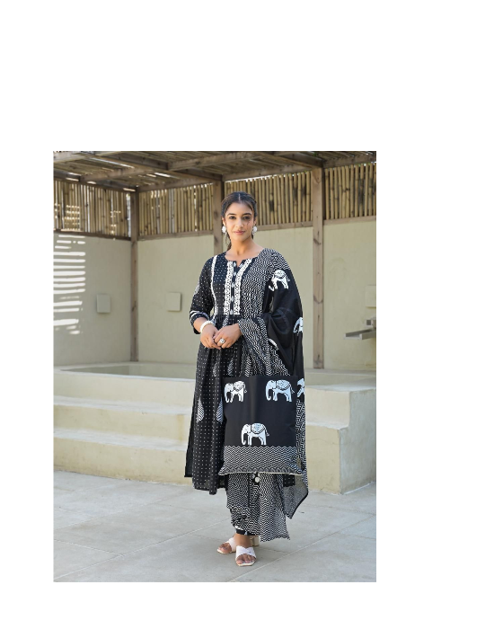 Yellow Screen Print 3 Pcs Cotton Flare Kurti Set With Shopping Bag