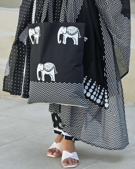 Black Screen Print 3 Pcs Cotton Flare Kurti Set With Shopping Bag